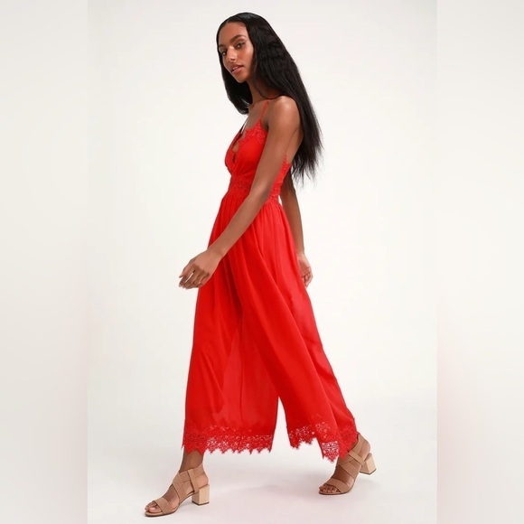 Lulus Sunny Day Dream Red Lace Culotte Jumpsuit Sz. Small - Picture 4 of 12